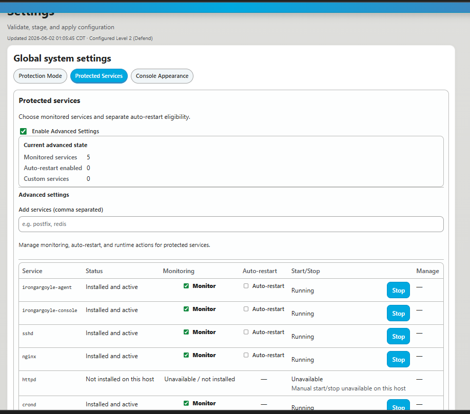 Protected Services settings